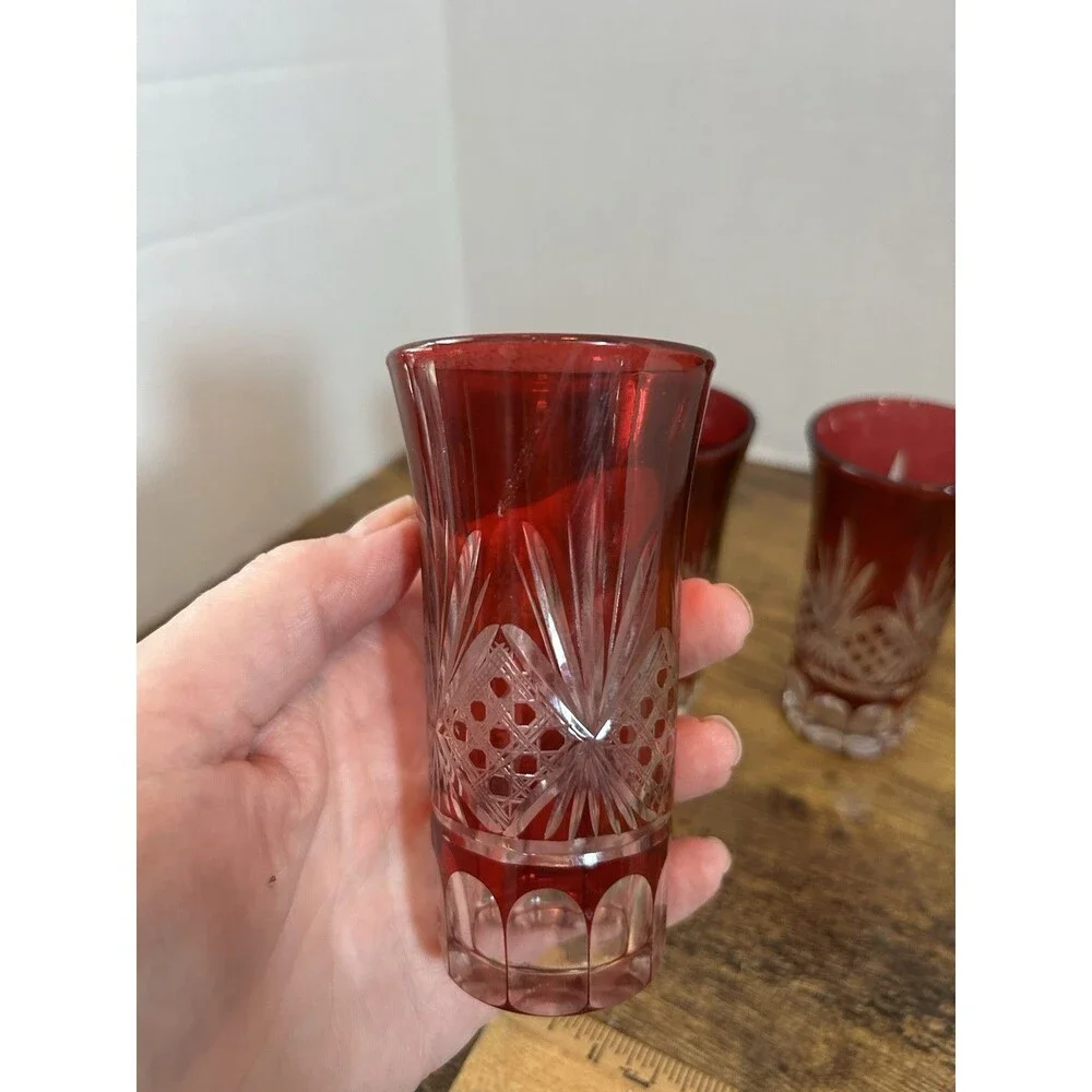 Lot Of 3 Vintage Ruby Cut To Clear Cordial Glasses Candle Holder Decor Displays